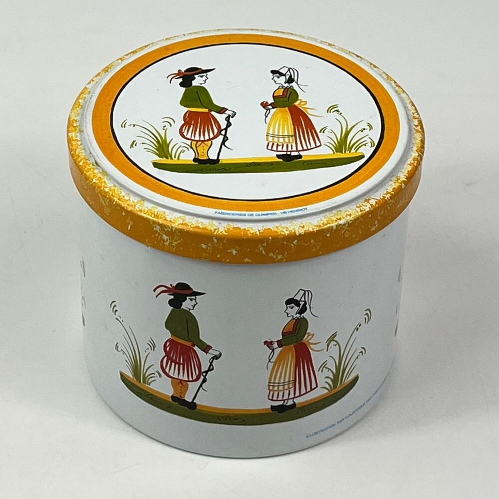 HB Henriot Quimper Yellow Breton Biscuit Tin Massilly France Folk Art 4.5" Round